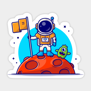 Cute Astronaut Standing Holding Flag on Moon with Cute Alien Space Cartoon Vector Icon Illustration Sticker